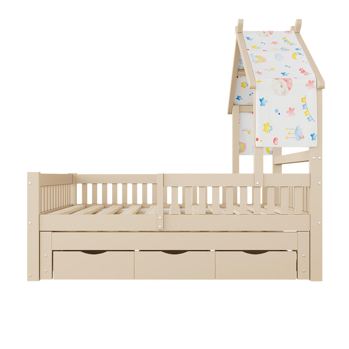 BETT 140/200 cm in Cream aus Kiefer, MDF und Sperrholz mit Ausziehbett, 3 Schubladen und Schutzgitter - Creme, Holz/Holzwerkstoff (140/200cm) - WISHDOR