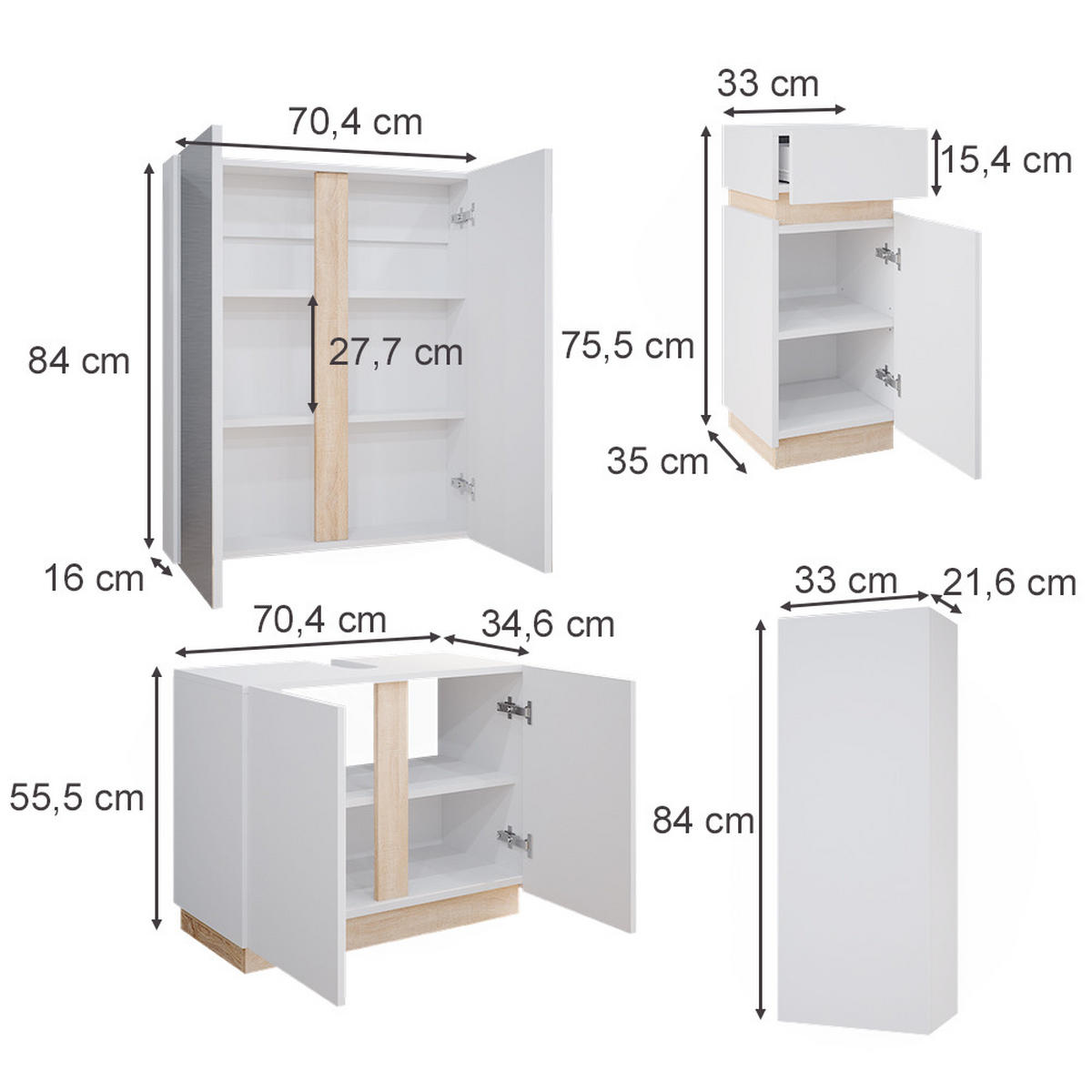 BADMÖBEL-SET Gloria Weiß 4 Teile - Weiß/Sonoma Eiche, Holzwerkstoff (70/55/34cm) - Vicco