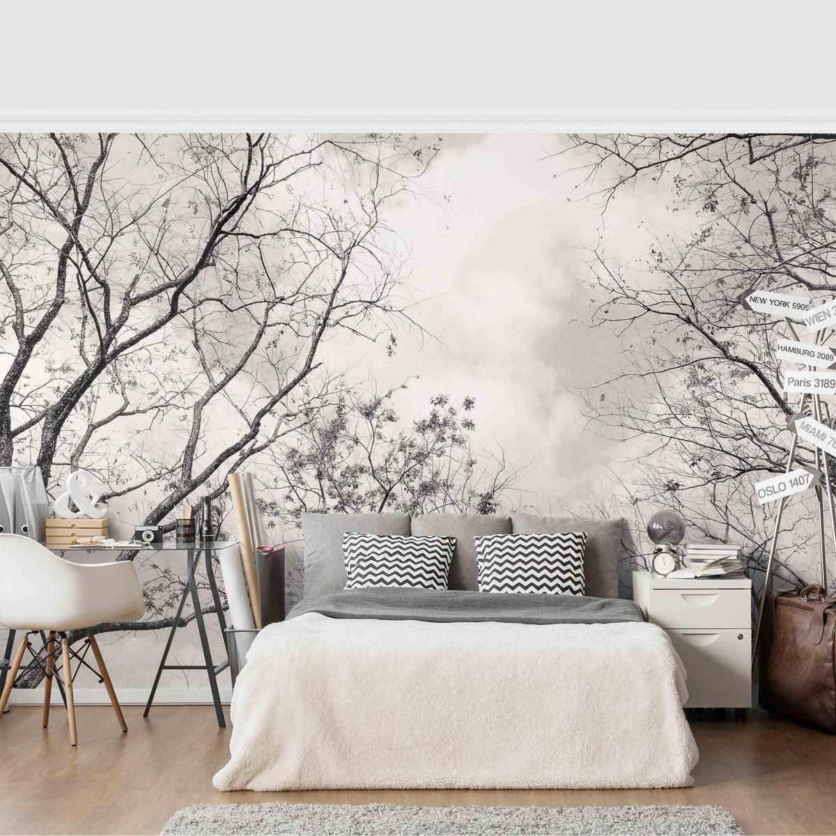 FOTOTAPETE Baumkronen im Himmel in Warmgrau 336/225 cm - Grau, Papier (336/225cm) - Bilderwelten