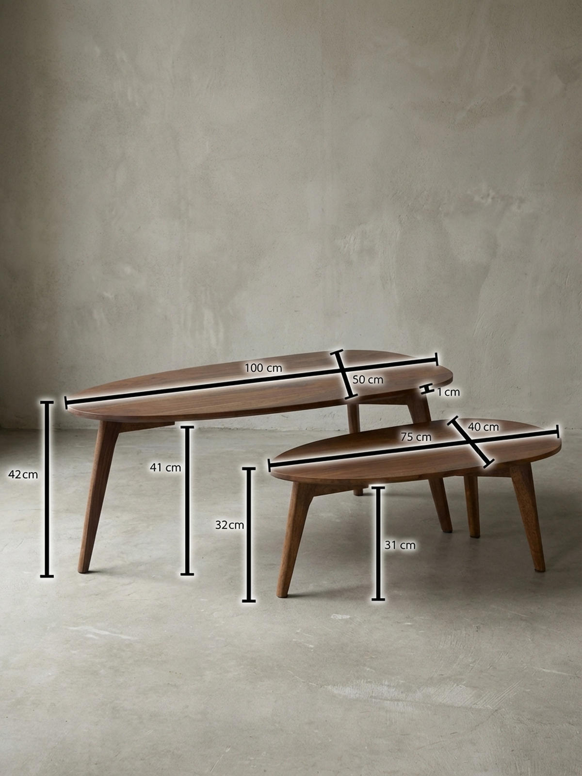 COUCHTISCH 2er Set Massivholz Nierenform Retro Handgefertigt, Braun 100x50x42 cm - Braun, Holz (50/100/42cm) - KADIMA DESIGN