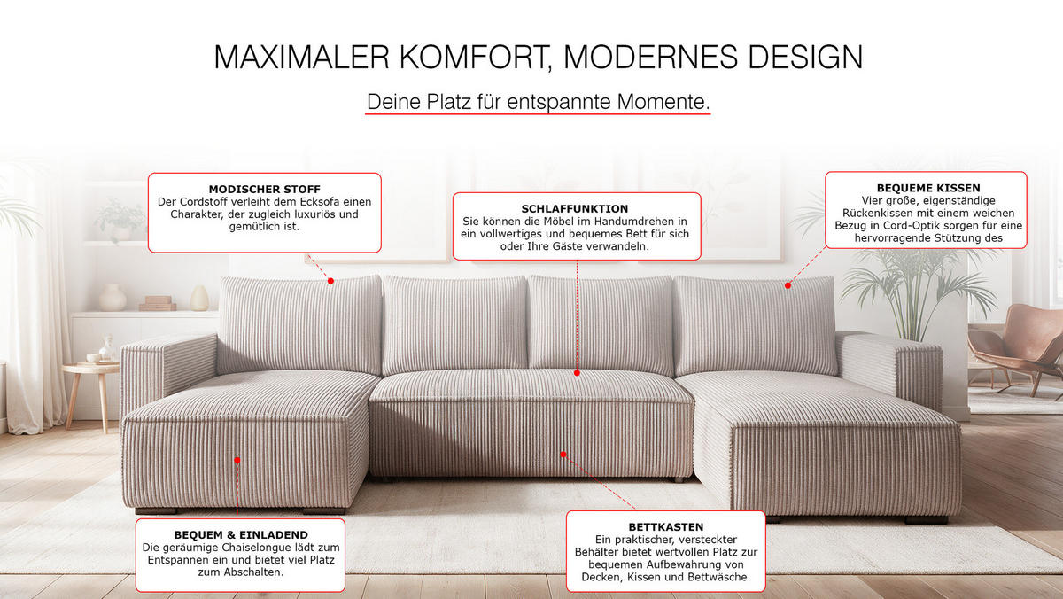 WOHNLANDSCHAFT CUDDY U mit Schlaffunktion und Bettkasten, Farbe: Braun, Cordstoff - Cappuccino, Textil (308/85/144cm) - Storez24