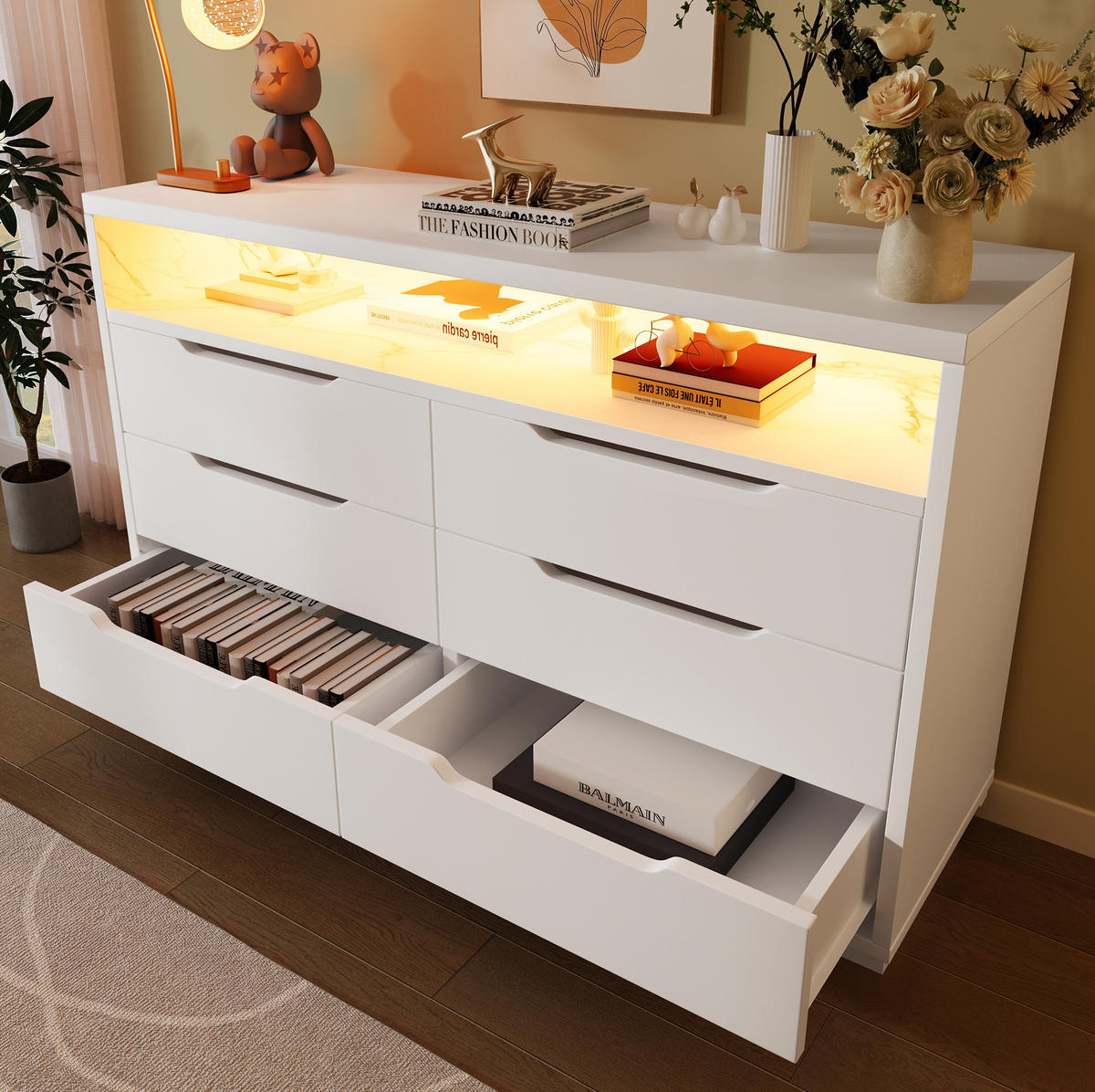 SIDEBOARD aus Spanplatte 40x120x85 cm Weiß mit LED-Beleuchtung, 6 Schubladen und offenem Fach - Weiß, Holzwerkstoff (120/85/40cm) - Modfu