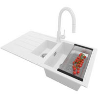 GRANITSPÜLE - Kopenhagen, 3-er set Weiß 90/50 cm, 1,5 Becken + Küchenarmatur 40/20 cm + Ablauf-Set ab 60er Unterschrank - Chromfarben/Weiß, Kunststoff (90/19/48cm) - Primagran