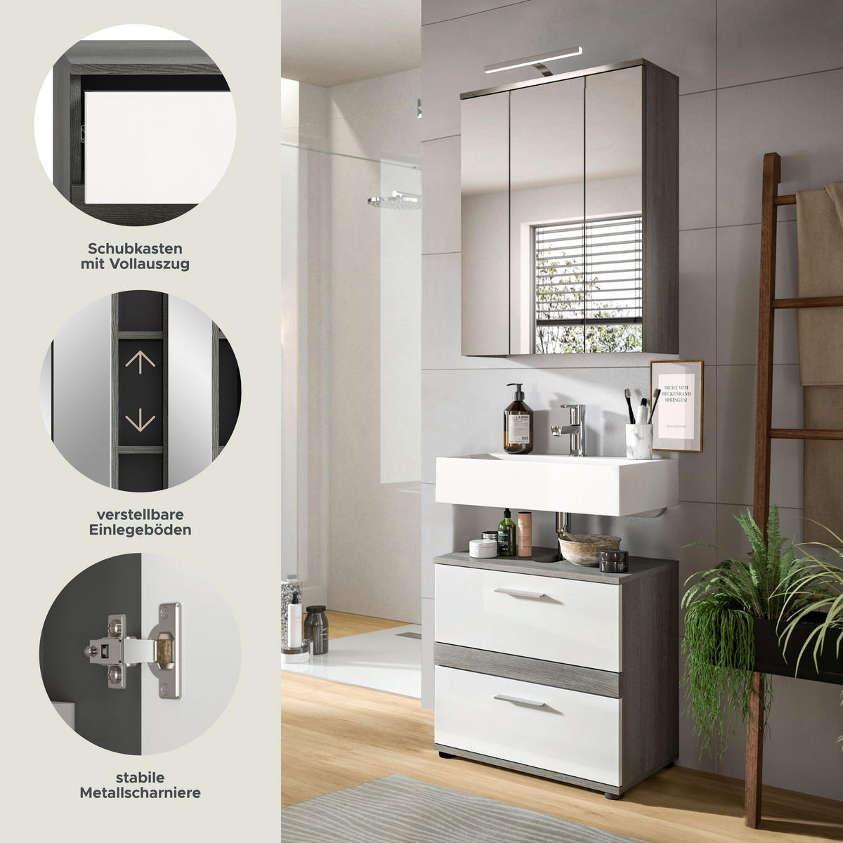BADKOMBINATION inkl. Beleuchtung 2tlg. Blake Bad in Rauchsilber Nb. und weiß HG B/H/T: 60x191x34 cm - Anthrazit, Holz (60/191/34cm)