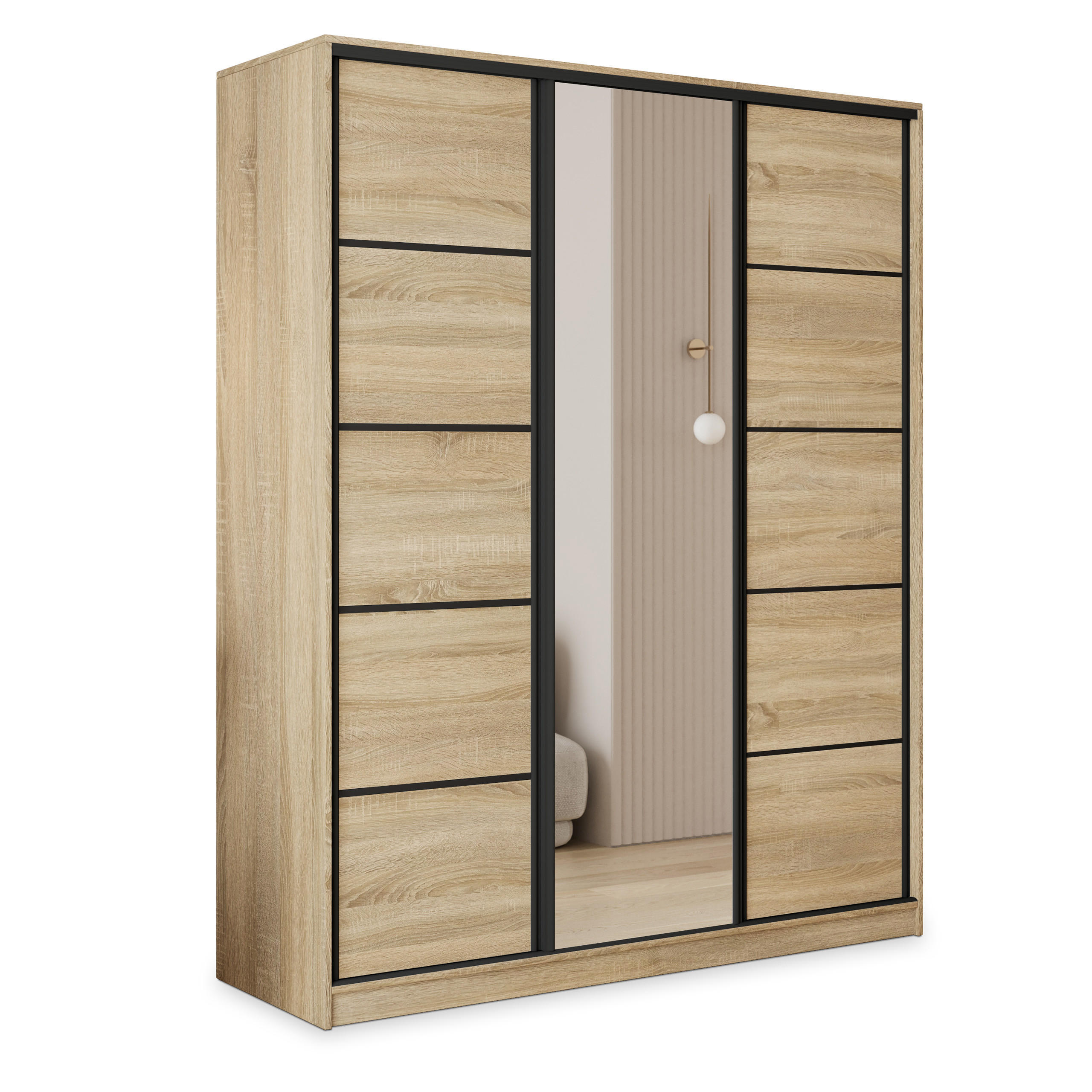 SCHWEBETÜRENSCHRANK PINA 150/205/58 cm 3-türig mit Spiegel und Schubladen Sonoma Eiche - Schwarz/Sonoma Eiche, Holzwerkstoff (150/205/58cm) - MASSENO