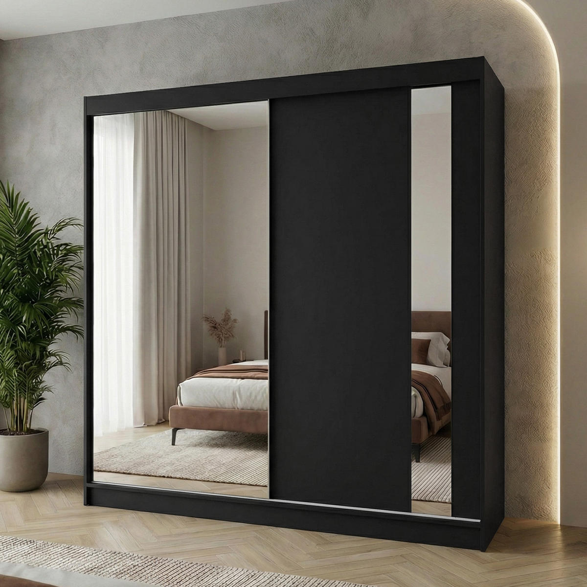 SKŘÍŇ s posuvnými dveřmi Gaja 200/216/61, černá se zrcadlem - černá, kompozitní dřevo (200/216/61cm) - Beautysofa