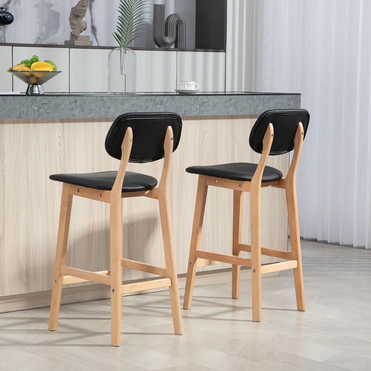 BARHOCKER 2er-Set DE-14741 mit Rückenlehne & Holzbeinen Schwarz - Schwarz, Holzwerkstoff (47/92/42cm) - ComfortXL