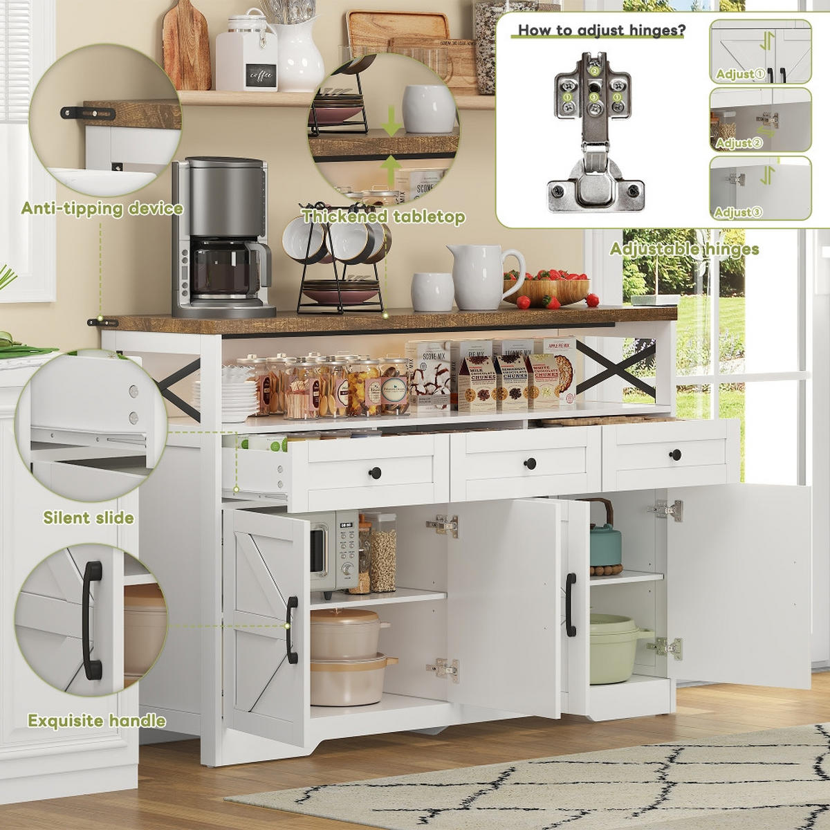KÜCHENINSEL BUFFET-ANRICHTE mit 3 Schubladen und Türen, Landhausstil, Weiß-Braun, 140 cm - Braun, Kunststoff (35/95/140cm) - Rolipo