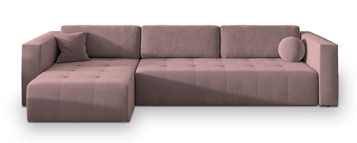 ECKSOFA OLVERA Rosa Plüsch-Stoff mit Schlaffunktion - Rosa, Holz (347/148cm) - MASSENO