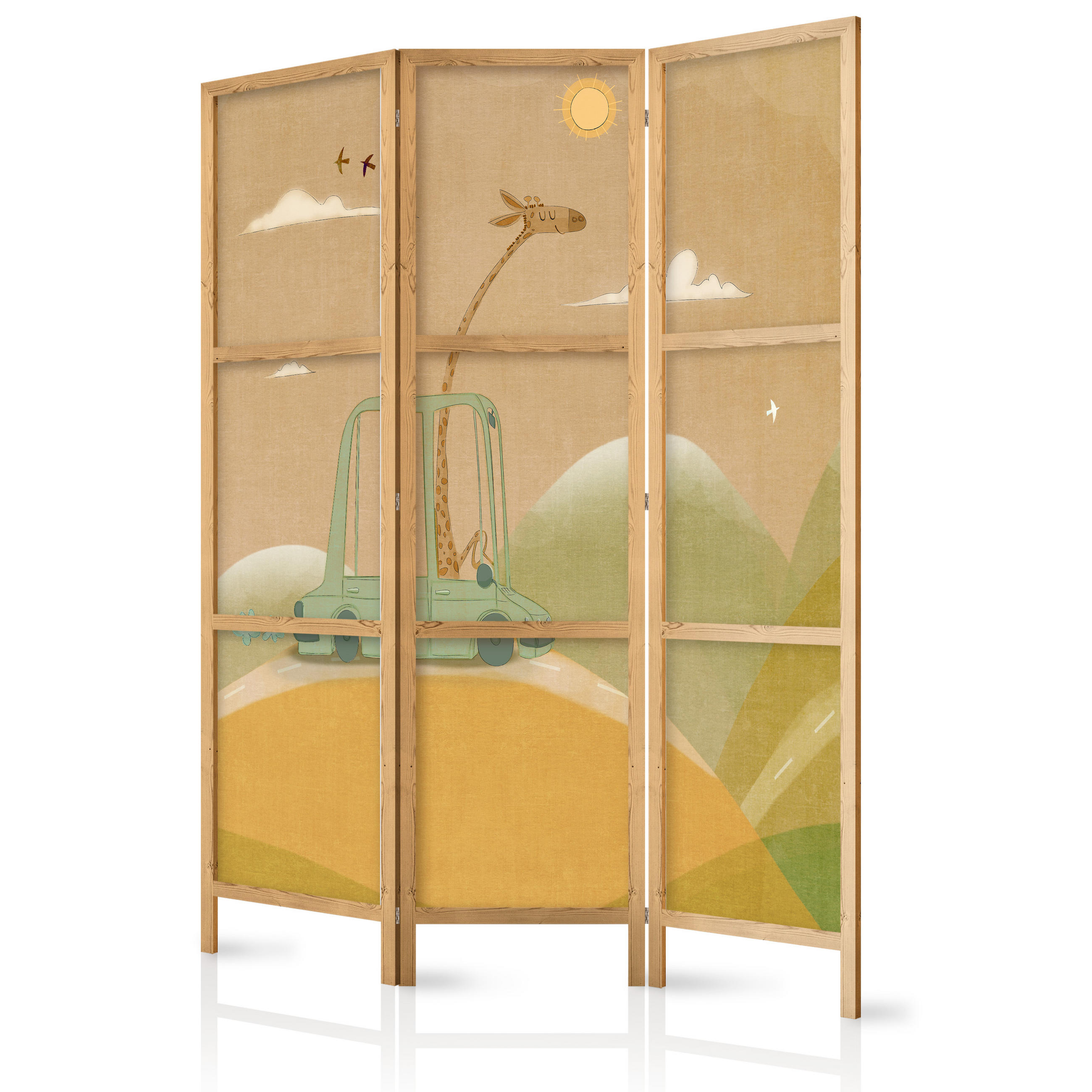 PARAVENT Japanischer 3-tlg 135x172 cm Giraffe im Auto - Beige, Holz/Textil (135/172/3cm) - Muralo