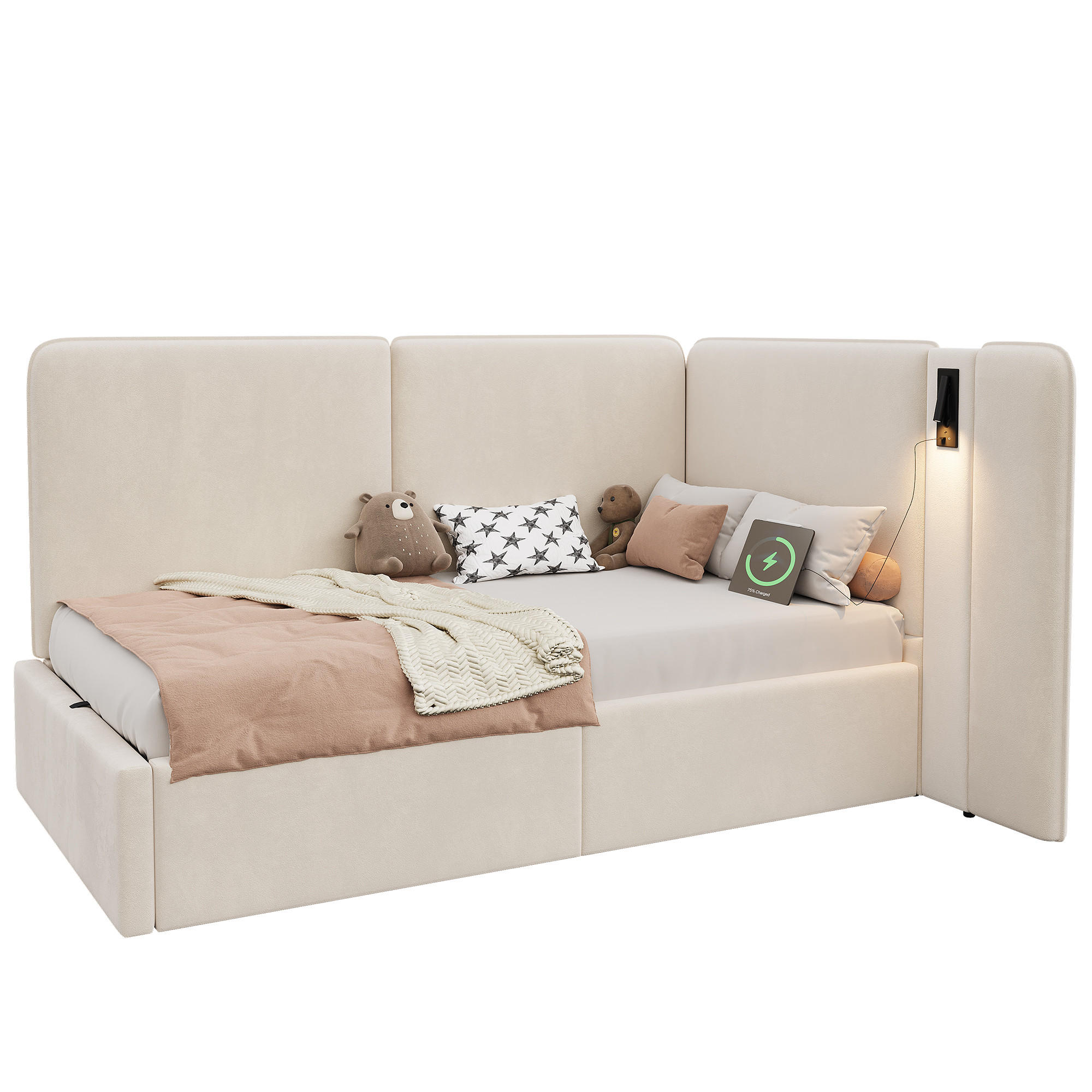 POLSTERBETT aus Samt 90x200 cm in Beige mit Stauraum & USB/Typ-C - Beige, Textil (90/200cm) - Modfu