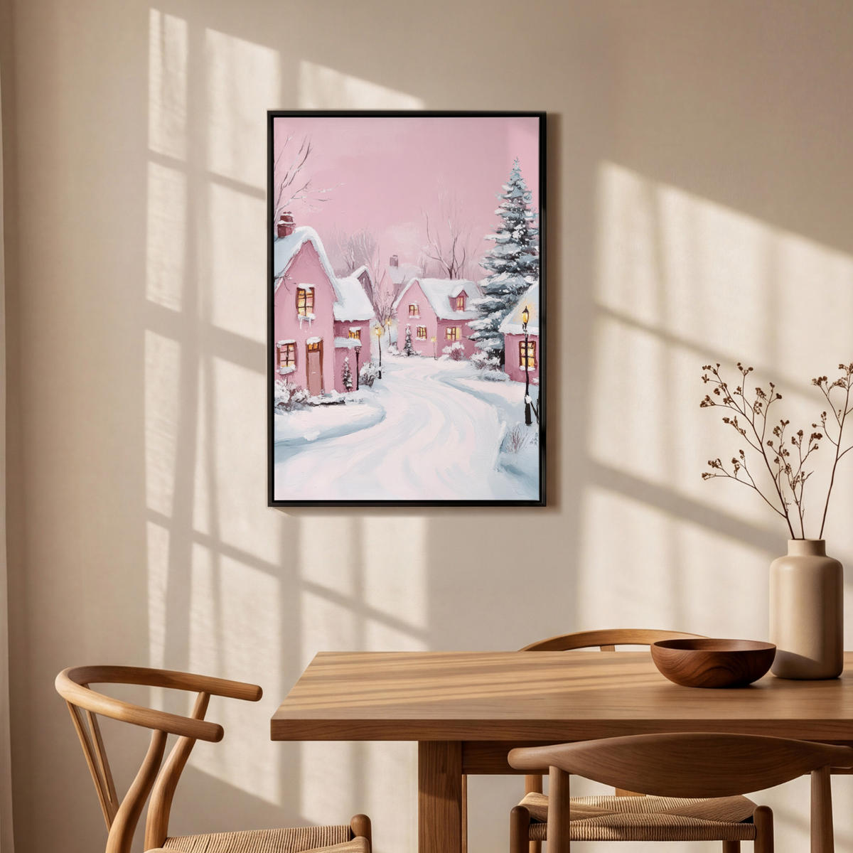 LEINWAND Bilder mit Rahmen - Weihnachtsdorf - Rosa - Winter - Schnee - Häuser - 60x90 - Altrosa, Textil (60/90cm) - MuchoWow