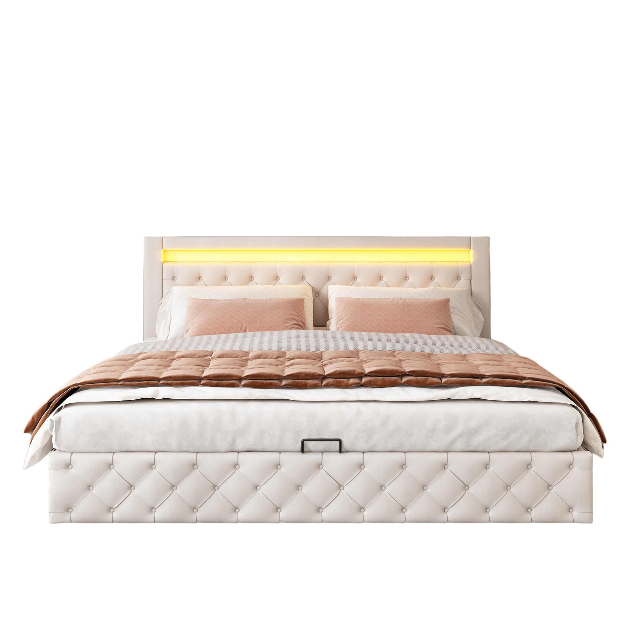 POLSTERBETT 180/200 cm mit Bettkasten und LED-Beleuchtung, PU-Bezug Weiß - Weiß, Kunststoff (180/200cm) - BEAOK