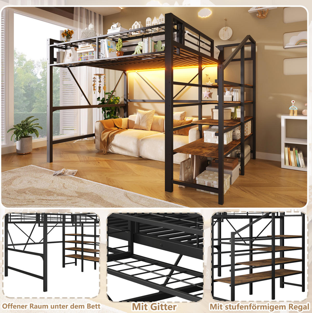 HOCHBETT 140/200 cm mit LED-Beleuchtung, Stufenregal und Aufbewahrungskorb, Schwarz - Schwarz, Holzwerkstoff (140/200cm) - Redom
