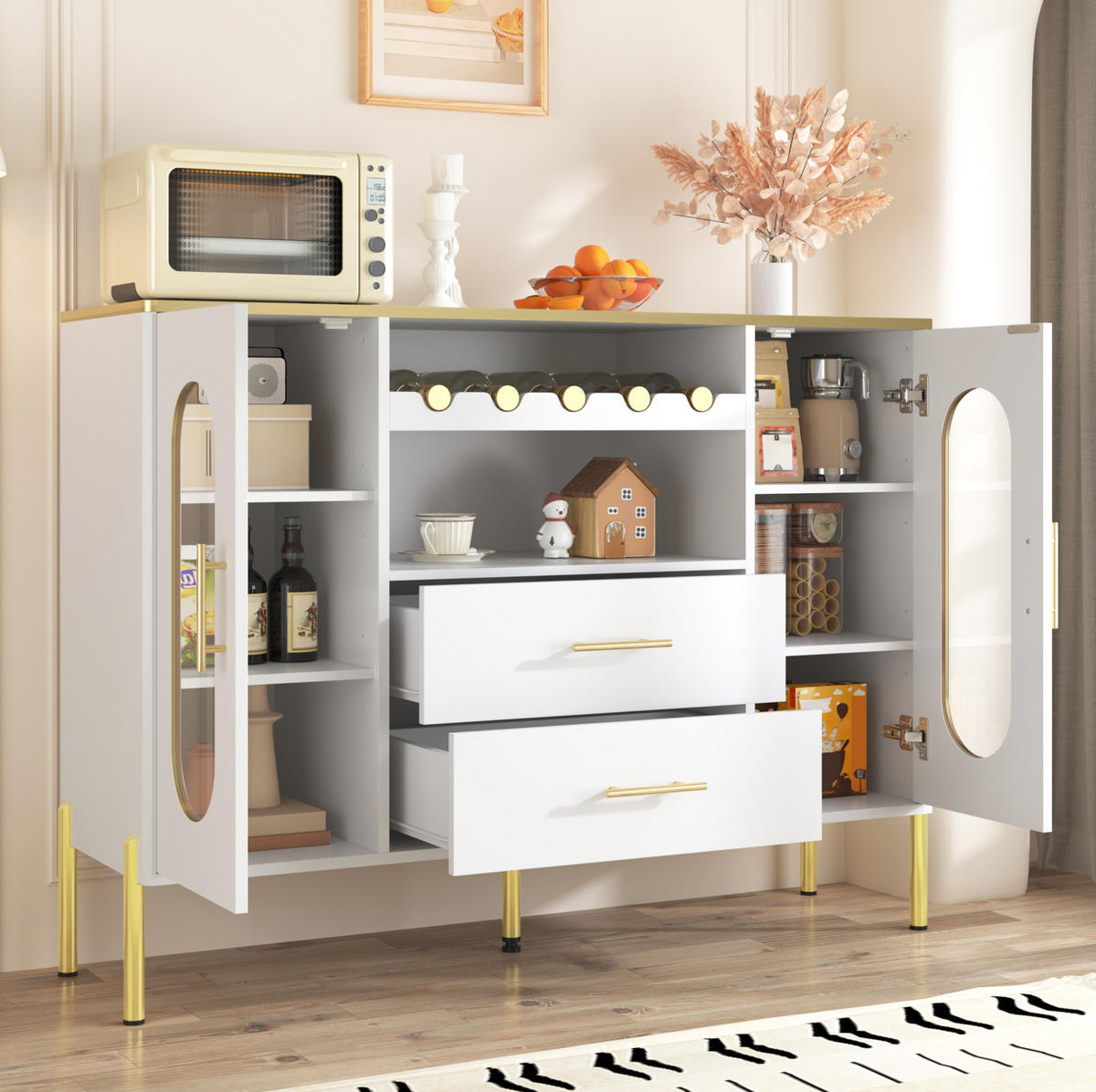 SIDEBOARD 120/38/90 cm mit Glastüren, Schubladen & Weinregal in Weiß - Weiß, Holzwerkstoff (120/90/38cm) - BEAOK