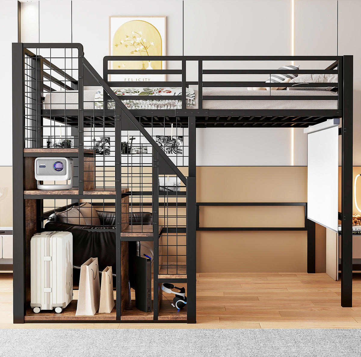 HOCHBETT 140/200 cm aus Metall und MDF mit Stauraum, Gittertreppe und hoher Umrandung Schwarz - Schwarz, Metall (140/200cm) - Modenvie