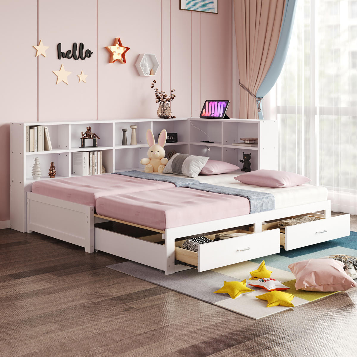 MULTIFUNKTIONSBETT 90/190 cm weiß aus Holz mit Ausziehbett Stauraum Steckdose - Weiß, Holzwerkstoff (90/190cm) - OKWISH