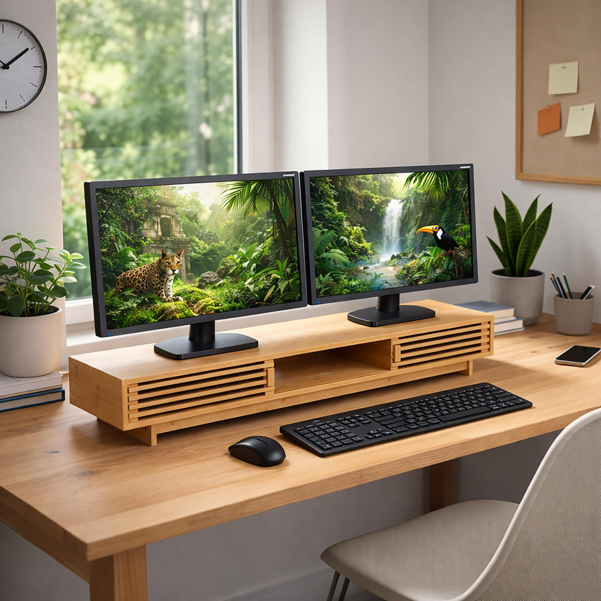 MONITORSTÄNDER Natur Bambus 3 Fächer - Hellbraun, Holz/Textil (24.5/96.5/14cm) - Relaxdays