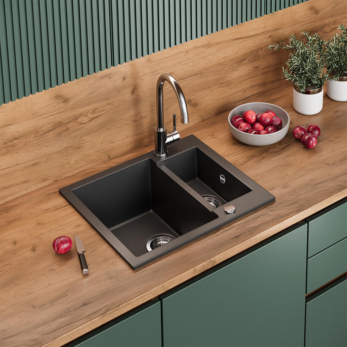 SPÜLBECKEN Prag Schwarz 58 x 50 cm mit 2 Spülen - Schwarz, Keramik (58/28/50cm) - Bergstroem