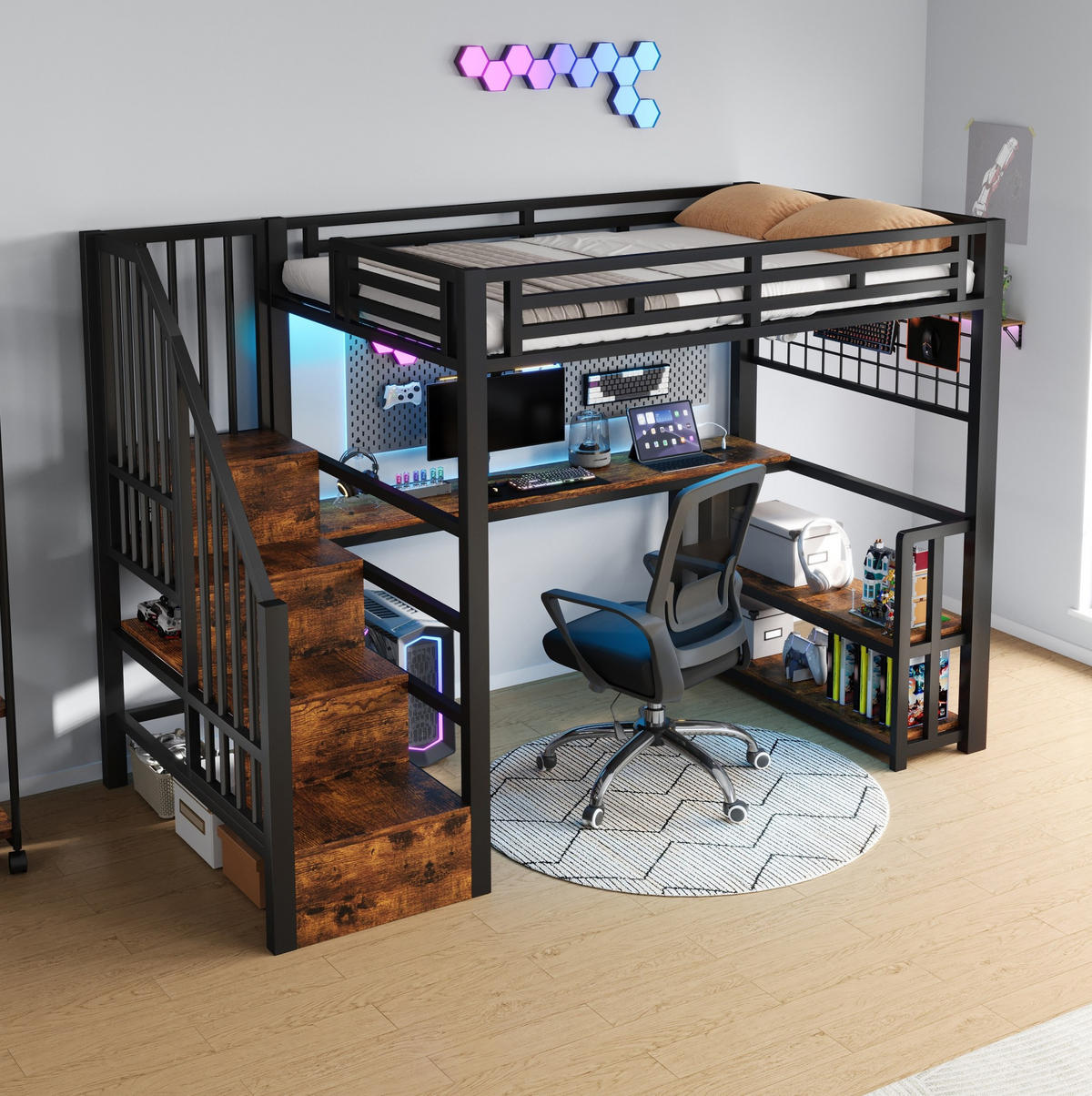 HOCHBETT 90/200 cm Schwarz aus Metall mit Schreibtisch - Schwarz, Metall (90/200cm) - OKMYHOME