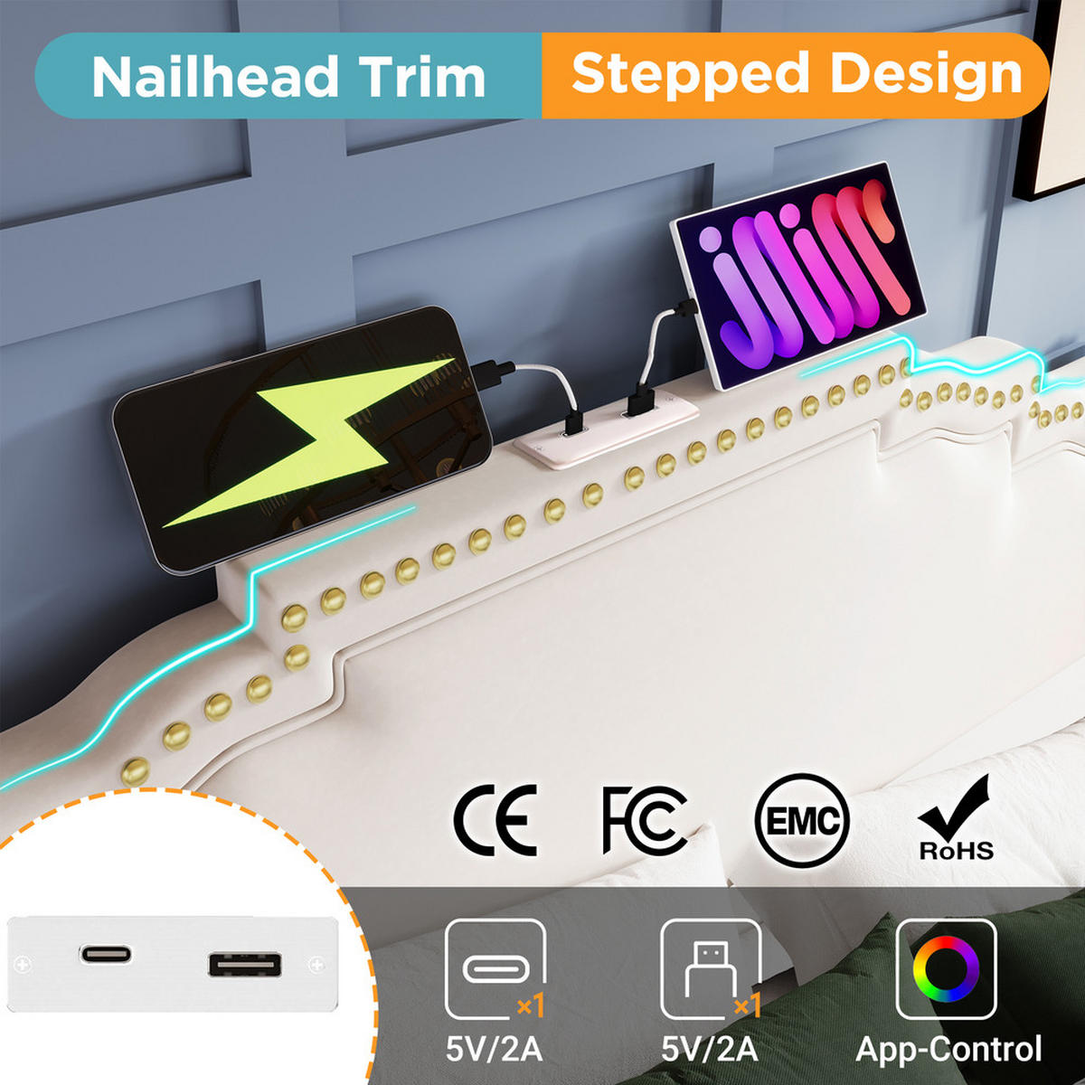 POLSTERBETT 160X200 mit LED USB C Lattenrost und hydraulischem Stauraum - Beige, Holz (160/200cm) - FLIEKS