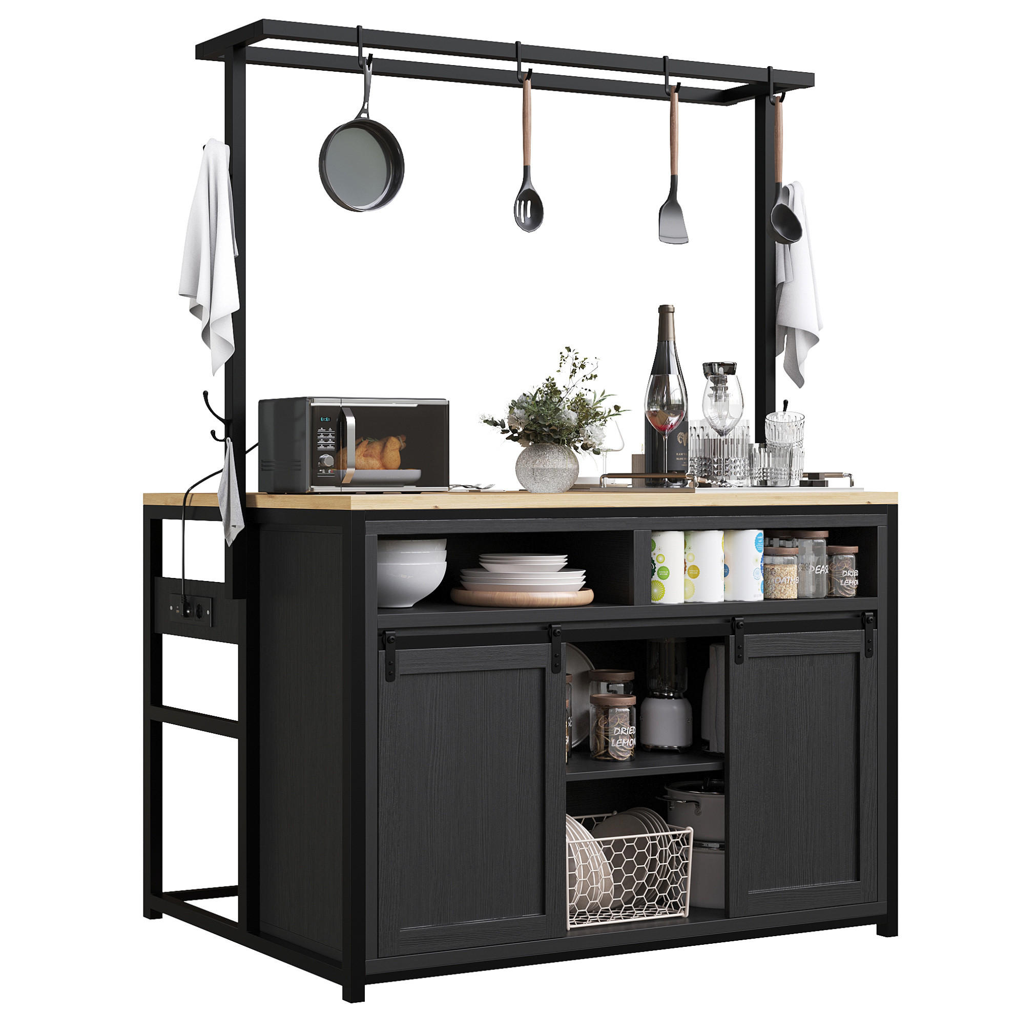 KÜCHENSCHRANK mit Arbeitsplatte und Stromanschluss 107 x 62 x 183 cm Schwarz - Schwarz, Metall (62/183/107cm) - Beauniv