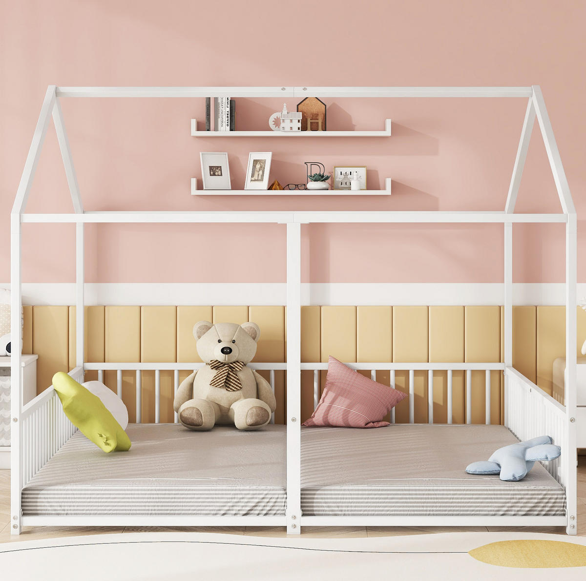 KINDERBETT 90/200 cm aus Metall in Weiß mit Hausform, Geländer und Leiter - Weiß, Metall (90/200cm) - Flora Grace