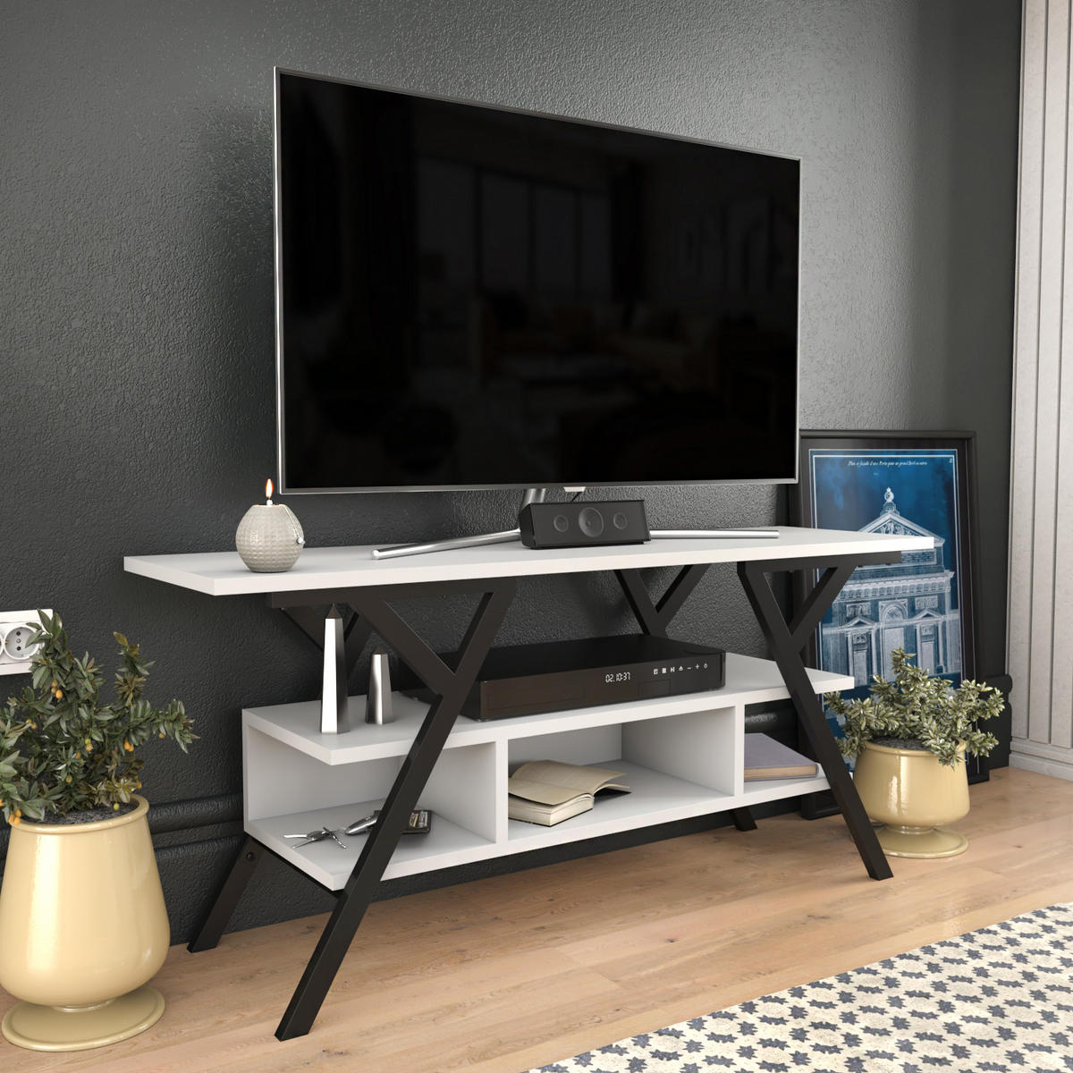 TV Stand Minerva Black Schwarz - Schwarz/Weiß, Holzwerkstoff (120/55/35cm) - Decorotika