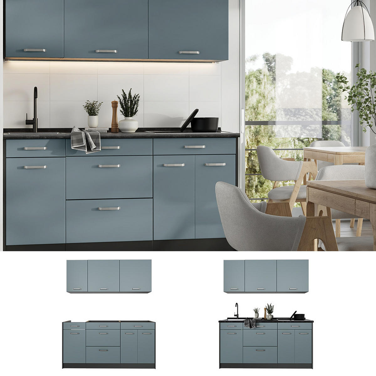 SINGLEKÜCHE R-Line, Blau-Grau/Anthrazit, 160 cm ohne Arbeitsplatte - Anthrazit/Blaugrau, Holzwerkstoff (160/81.6/46cm) - Vicco