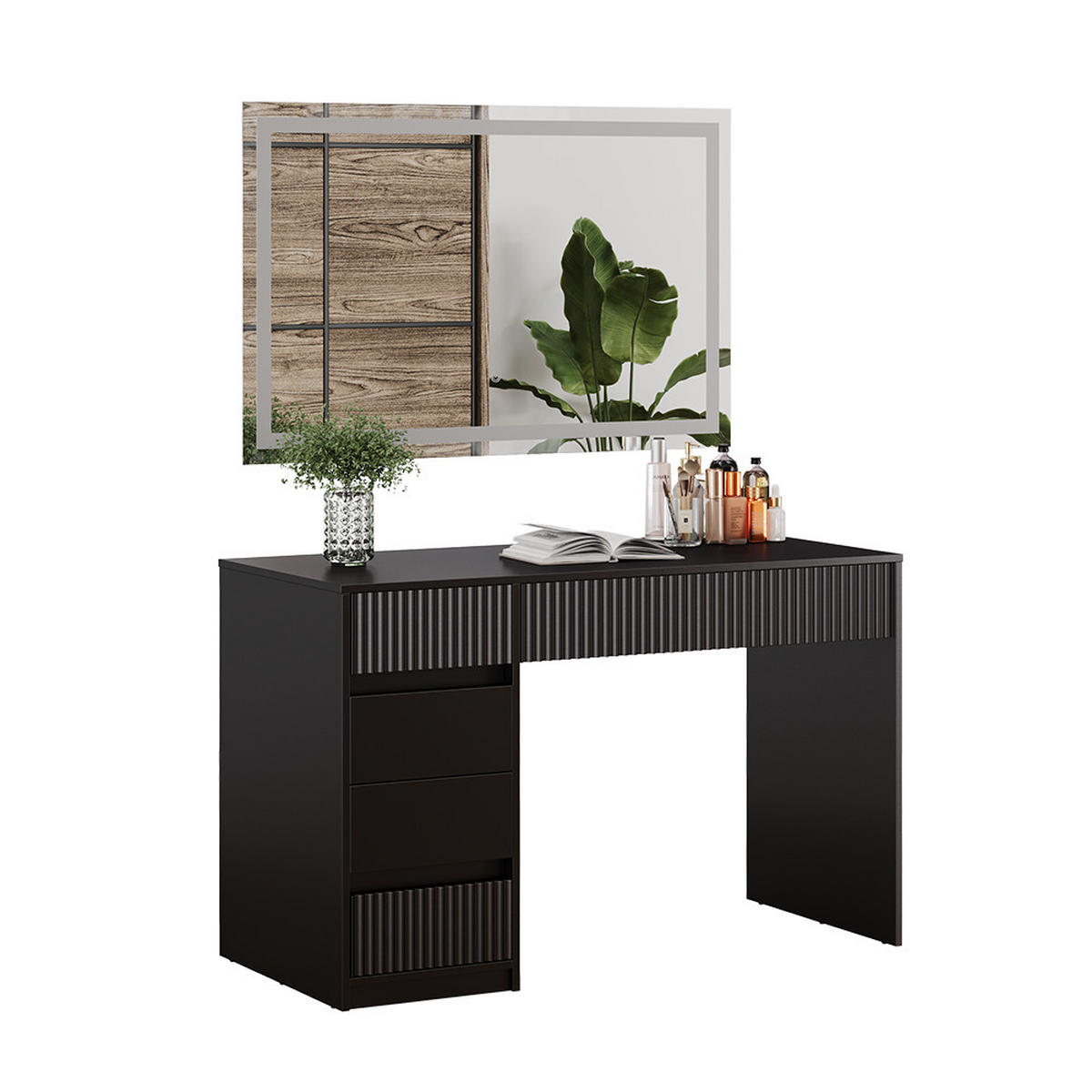 SCHMINKTISCH Omira Schwarz 120 cm mit LED-Spiegel - Schwarz, Holzwerkstoff (120/76/55cm) - Vicco