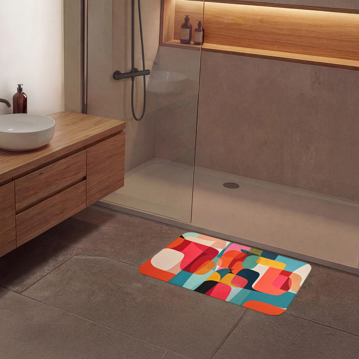 KOUPELNOVÁ PŘEDLOŽKA Tvary - barevné - abstraktní - letadla 80x50 cm - různobarevná, textil/plast (80/50cm) - OnlyWow