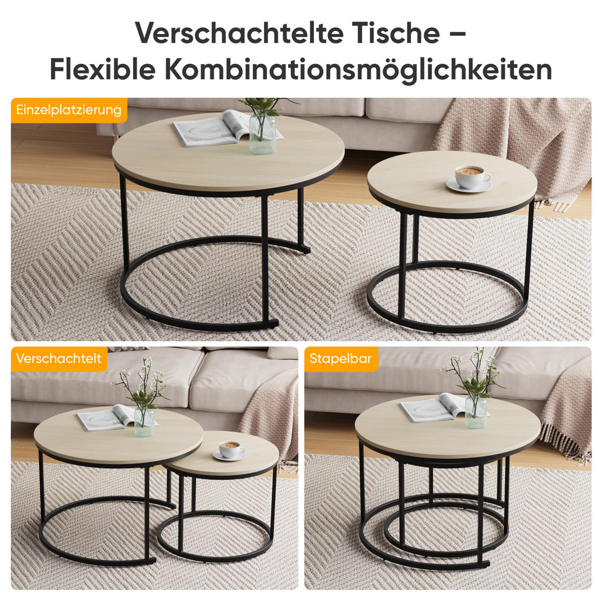 COUCHTISCH-SET 70/70/45 cm Eiche aus Spanplatte und Eisen - Eichefarben, Metall (70/70/45cm) - OKWISH