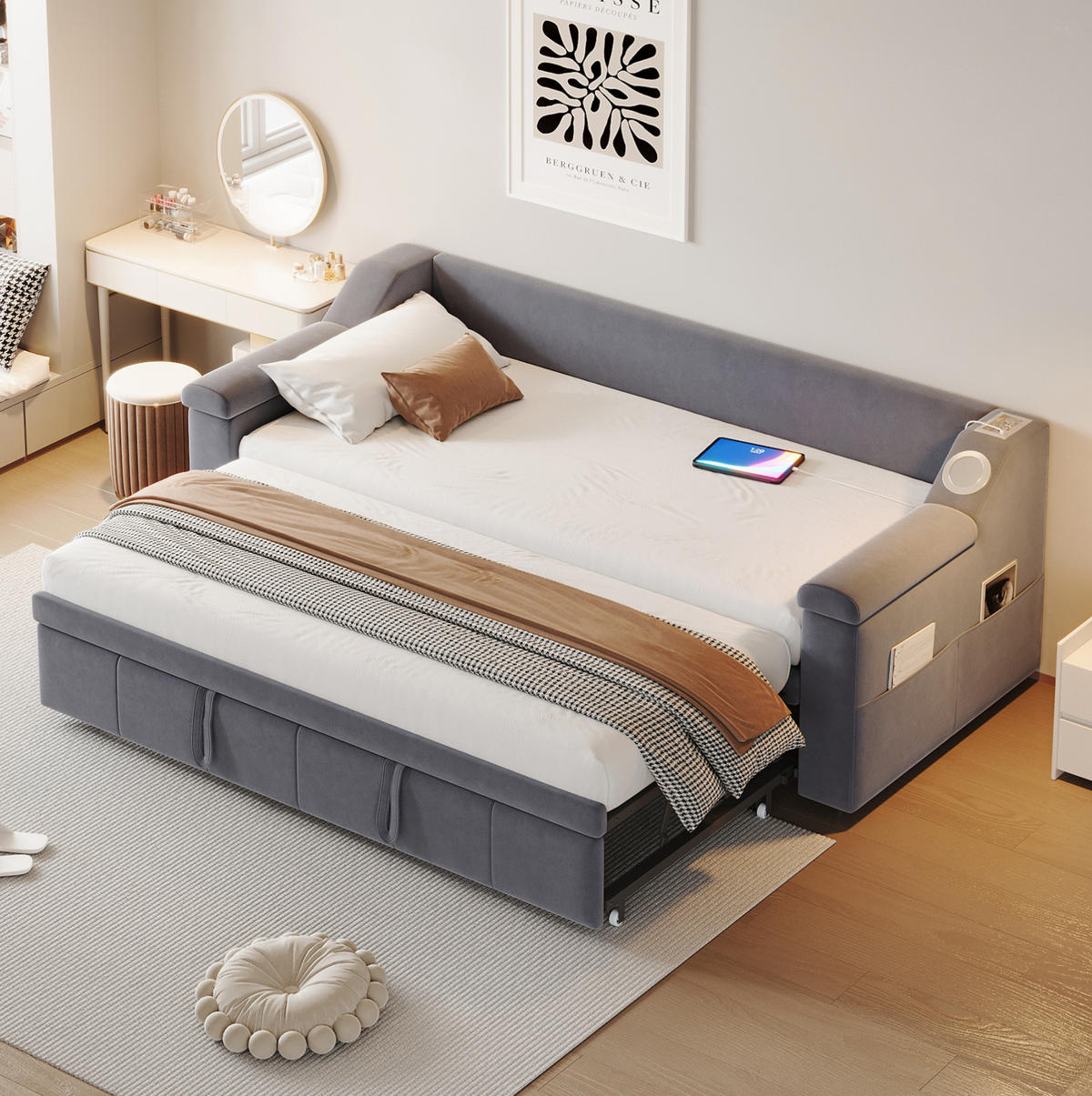 SCHLAFSOFA aus Samtstoff 90/180x190 cm Grau mit Bluetooth-Stereo, USB-Anschluss, Ablagefächern und Lattenrost - Grau, Textil (216/69/97cm) - Modfu
