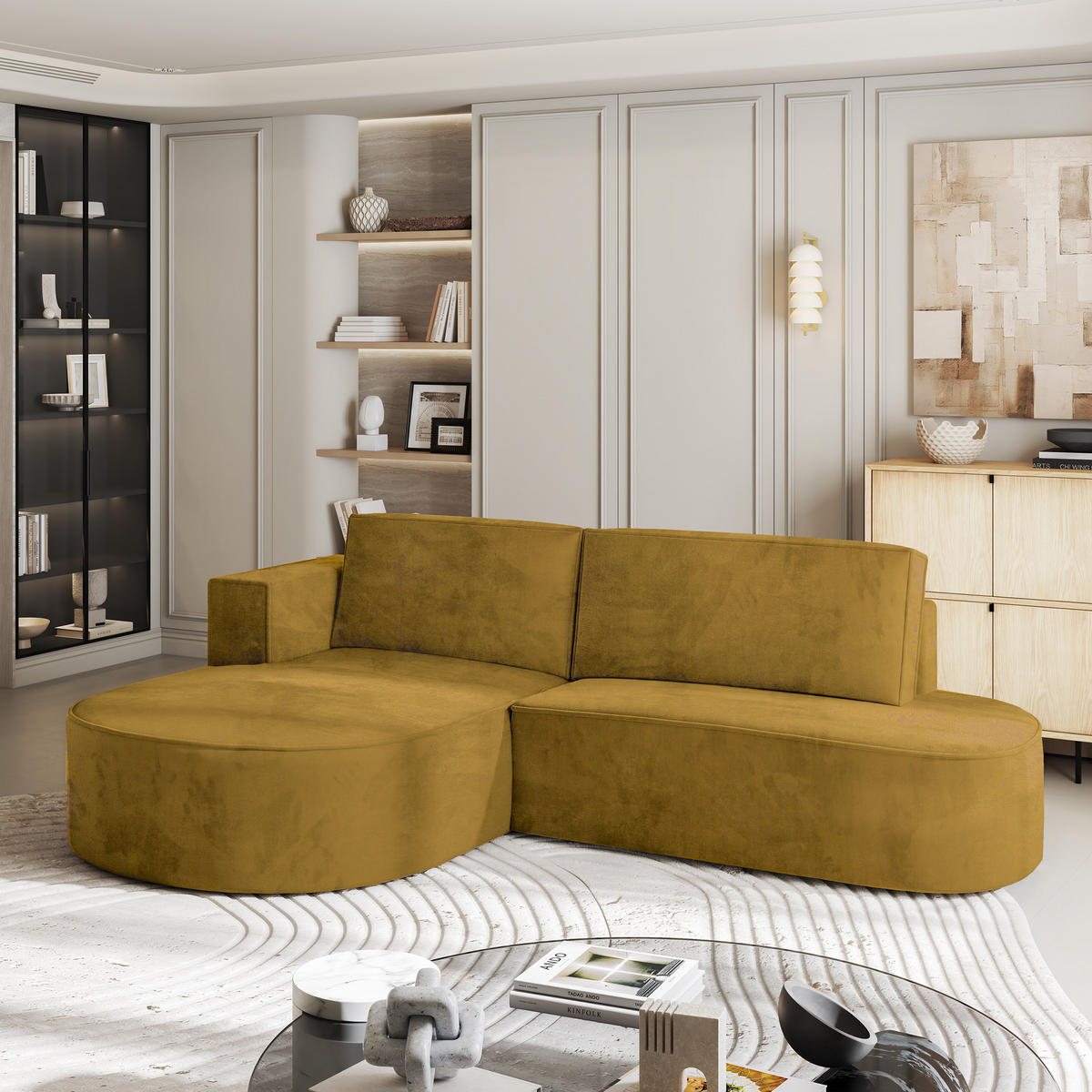 ROHOVÁ SEDAČKA CORTIO žlutá - šedá/žlutá, dřevo/textil (265/174cm) - MASSENO