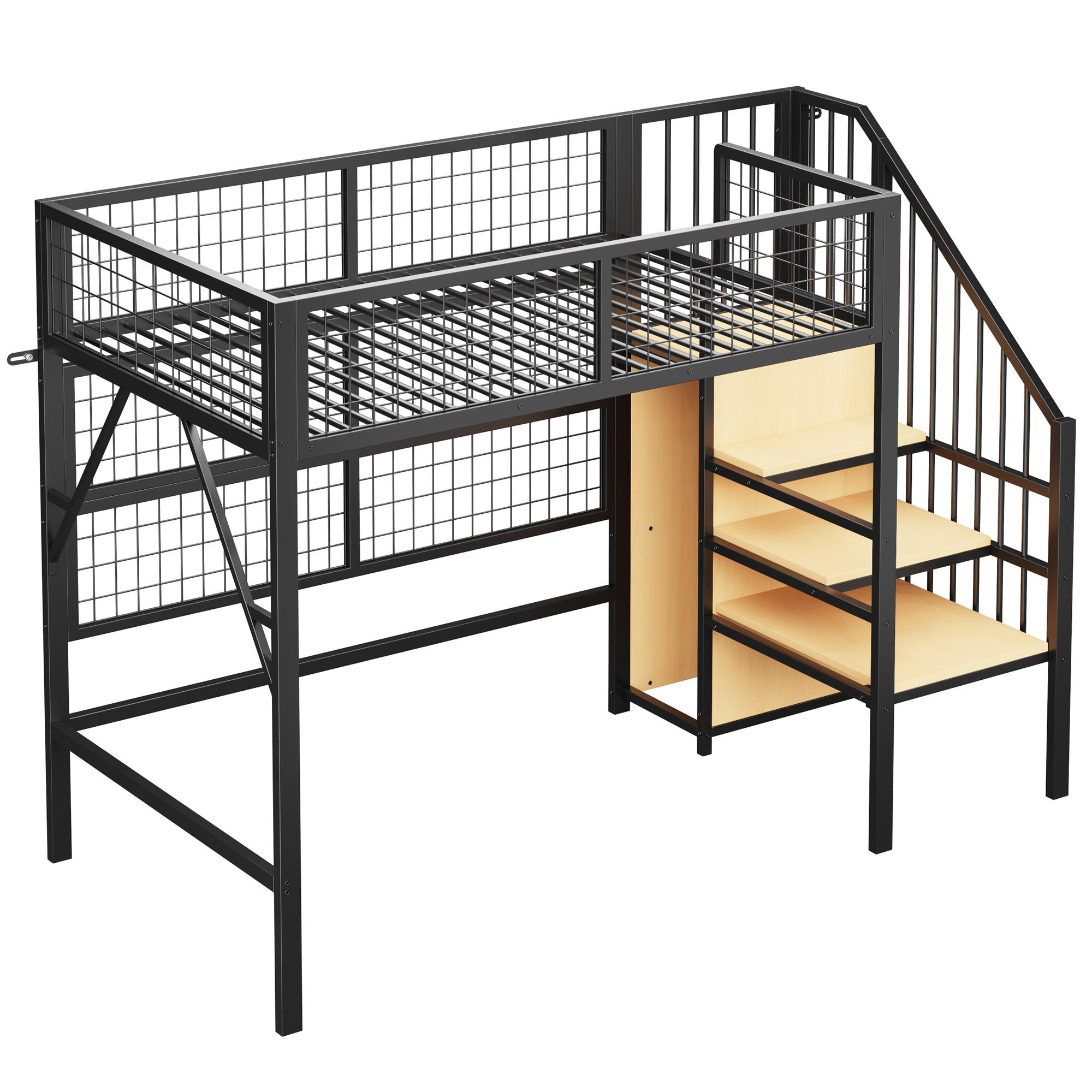 HOCHBETT 90/200 cm DE-01390, in Schwarz, mit LED-App und Stauraumtreppe - Schwarz, Metall (90/200cm) - ComfortXL