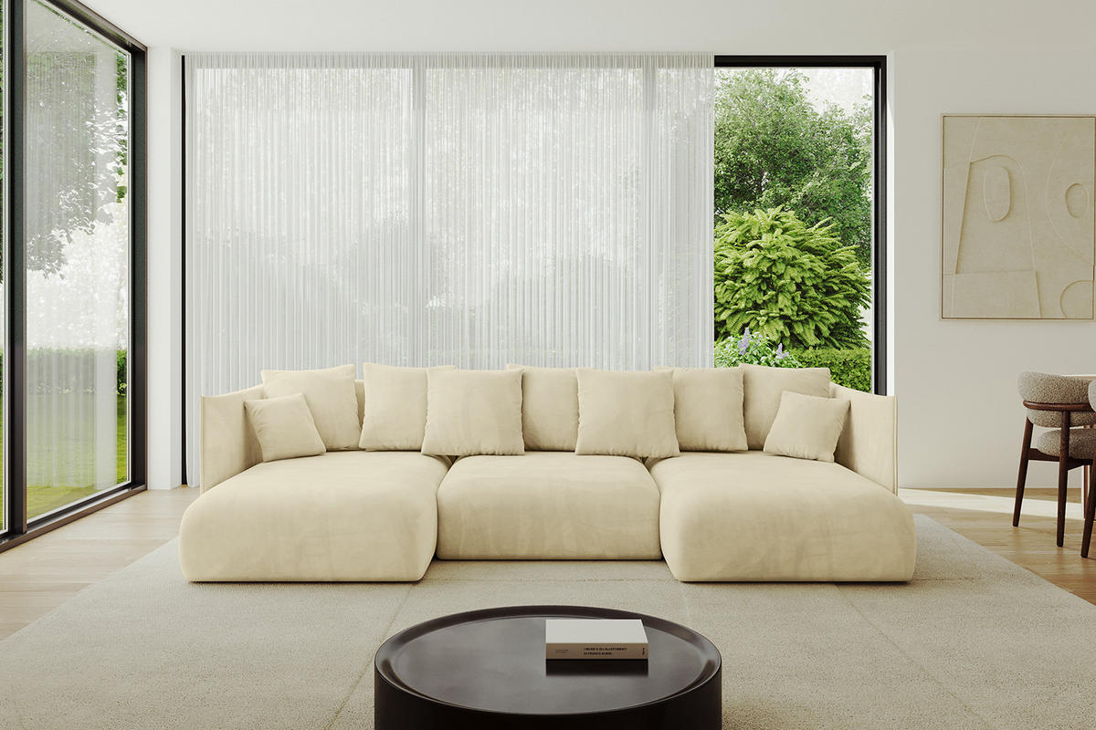 WOHNLANDSCHAFT mit Schlaffunktion und Bettkasten ONESK-U 304x165x40 Beige Velours - Beige, Holzwerkstoff/Kunststoff (304/90/165cm) - ALTDECOR