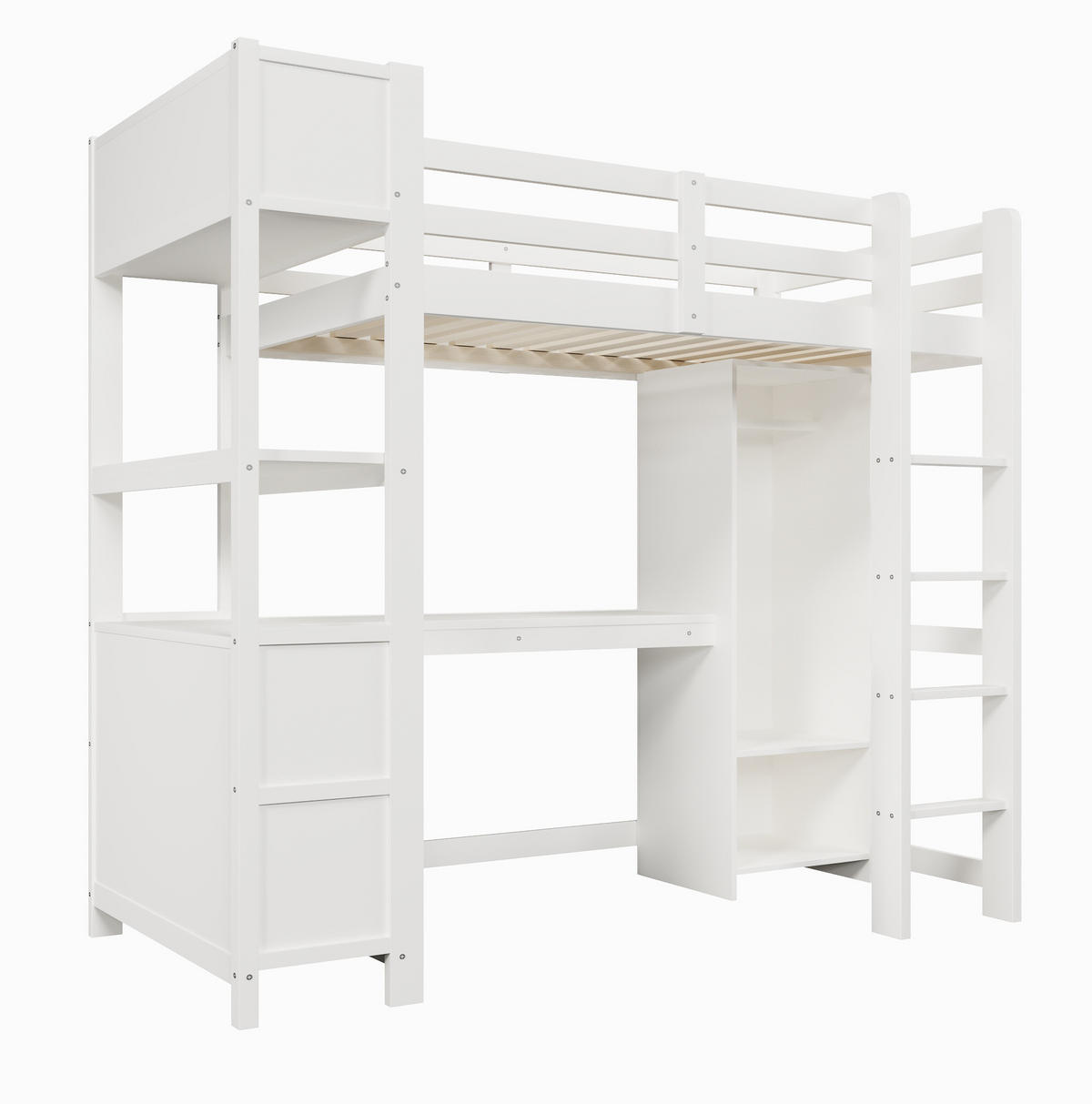 VYSOKÁ posteľ 90/200 cm biela/prírodná z borovice a MDF s písacím stolom policami a šatníkom - biela, kompozitné drevo (90/200cm) - OKWISH