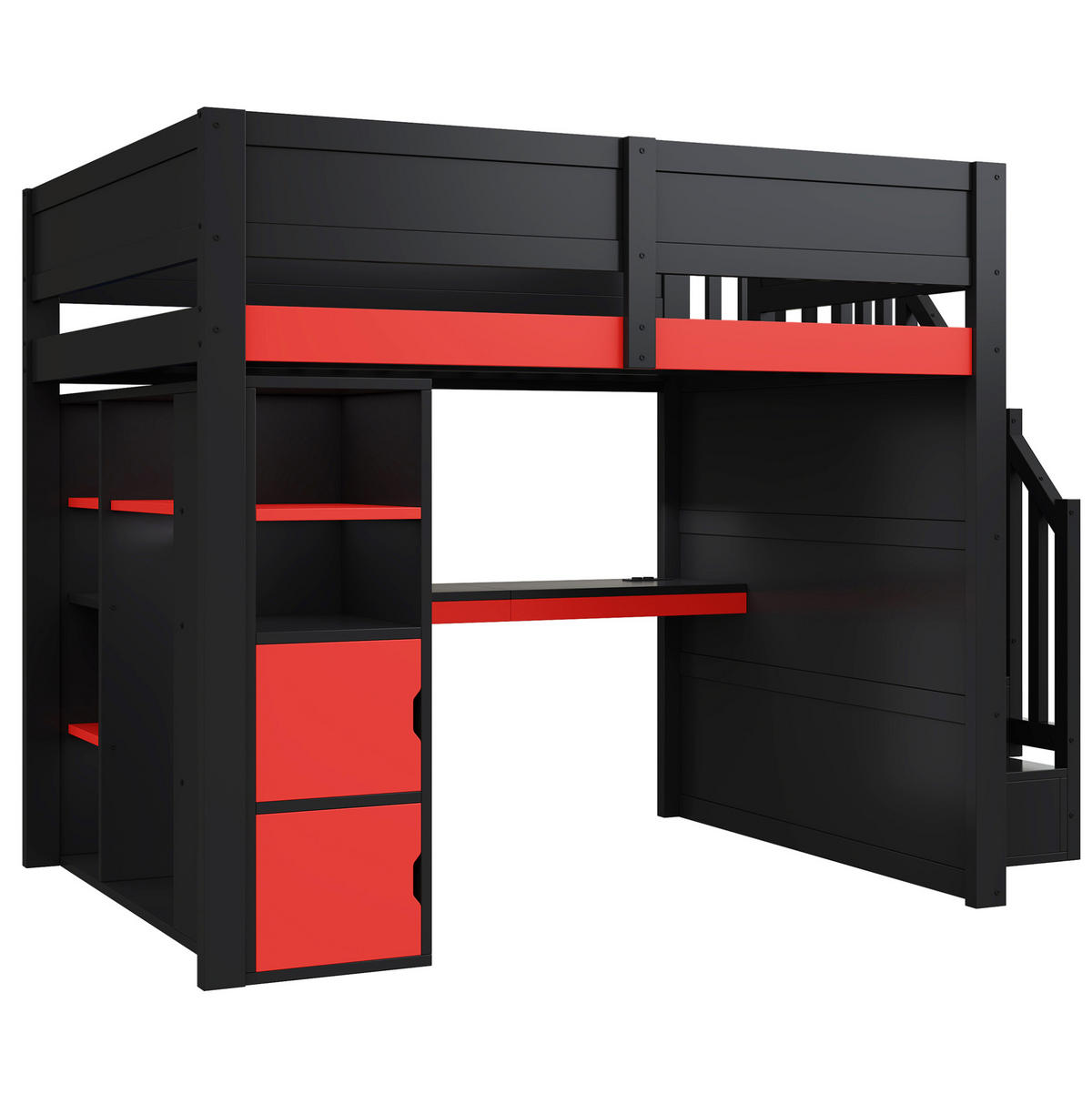 HOCHBETT 140/200 cm Schwarz/Rot aus MDF und Sperrholz mit Schreibtisch und Stauraum - Schwarz, Holzwerkstoff (140/200cm) - OKMYHOME