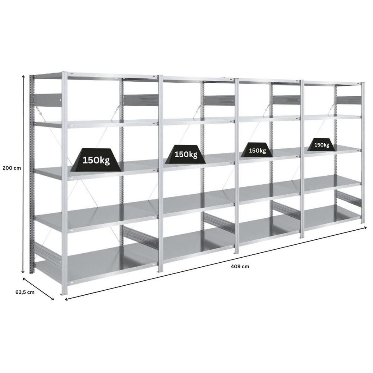 SCHWERLASTREGAL Silver Mamba 200x400x60cm 5 Ebenen je 150kg Fachlast Verzinkt - Silberfarben, Metall (400/200/60cm) - PROREGAL