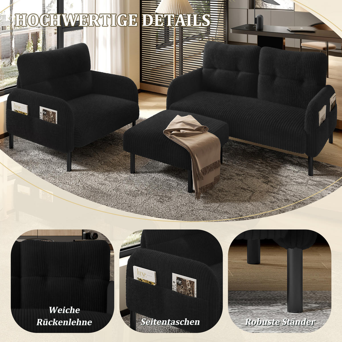 SOFA Set, 2-Sitzer+Sessel+Hocker, Cord, Schwarz - Schwarz, Textil/Metall (120/79/75cm) - LVHOM