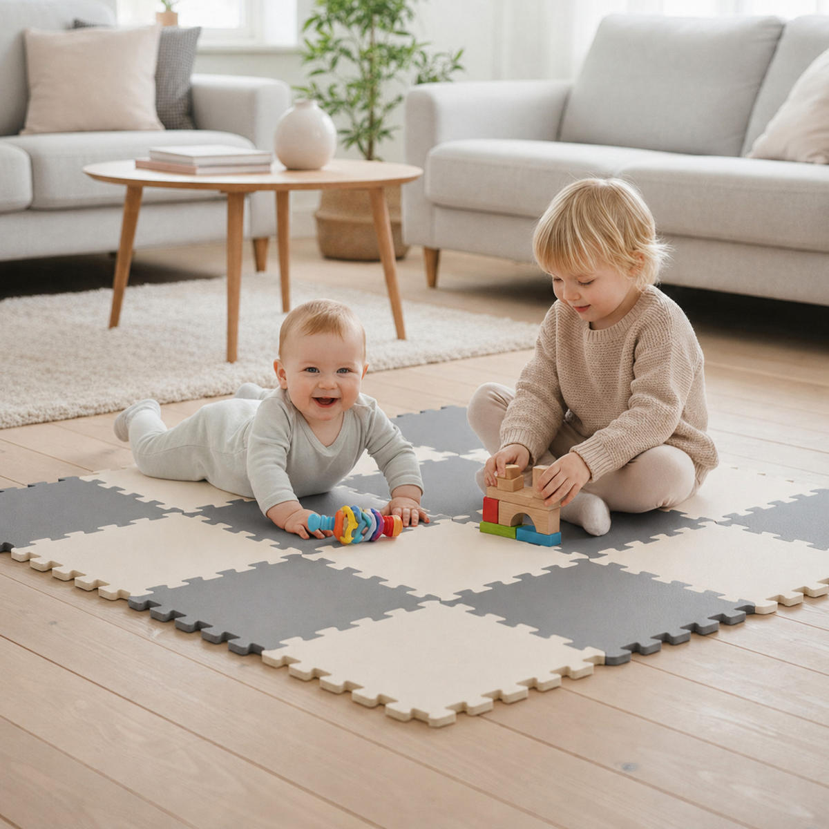 SPIELMATTE ab Null - 180/90/1 cm Puzzlematte Beige - Beige/Grau, Kunststoff (30/30cm) - Littletom
