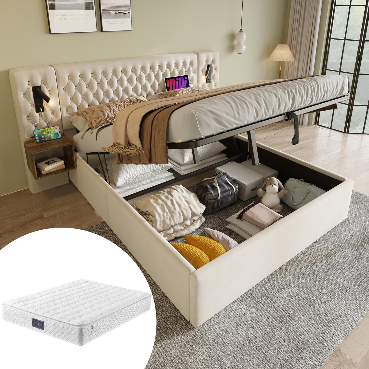 POLSTERBETT 160/200 cm in Beige Samt mit Bettkasten, USB, Type-C und Leselampen - Beige, Holzwerkstoff/Textil (160/200cm) - WISHDOR