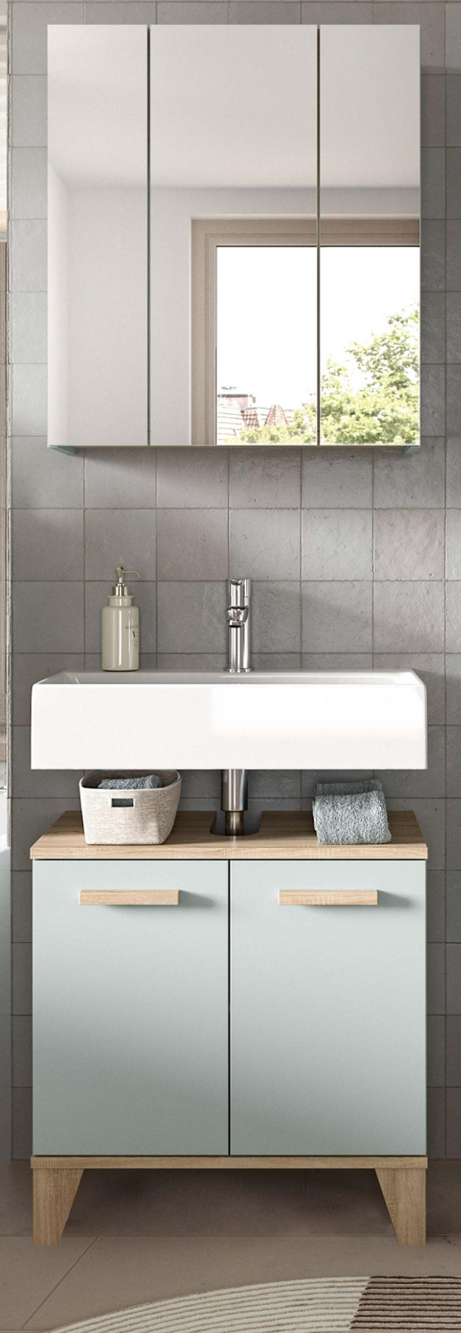 BADMÖBEL-SETGRÜN, Eiche 2-teilig 60 x 190 cm, Badkombination skandinavisches Design - Eichefarben/Grün, Glas/Holzwerkstoff (60/190/34cm) - Inn.Furn