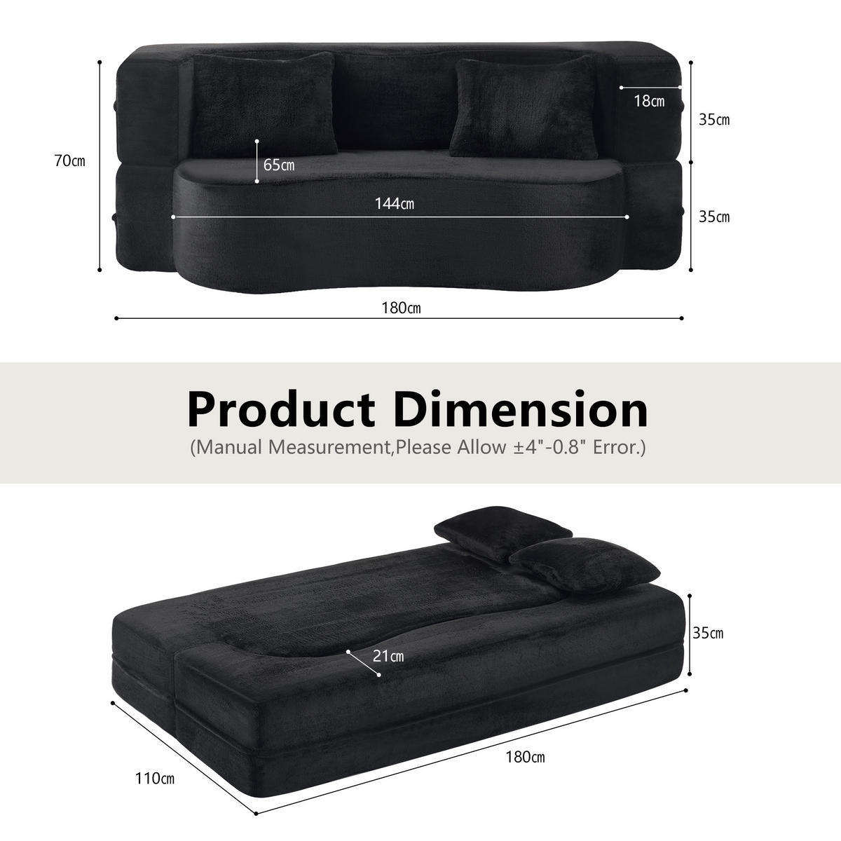 2-SITZER SCHLAFSOFA Mikrofaser Schwarz mit Klappfunktion und 2 Kissen - Schwarz, Textil (180/70/110cm) - WISHDOR