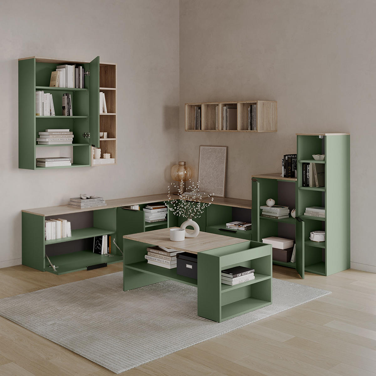 KOMMODE Piave Grün mit klappe - Grün, Holzwerkstoff (60/50/40cm) - Livinity®