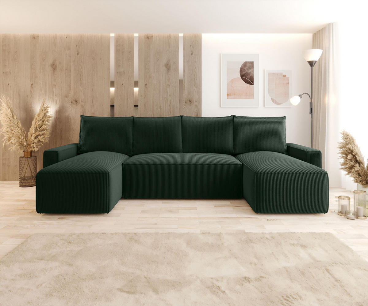 WOHNLANDSCHAFT mit Schlaffunktion SAVIO U Poso 14 - Dunkelgrün, Textil (300/75/140cm) - Bedante