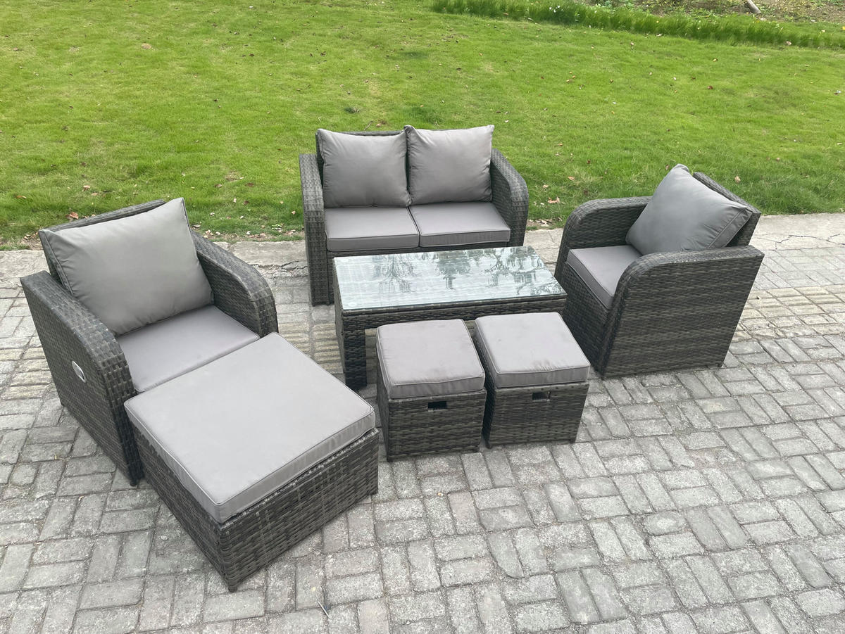 GARTENSOFA SET mit COUCHTISCH Polyrattan 7-Sitzer - Dunkelgrau/Grau, Glas/Kunststoff - Fimous