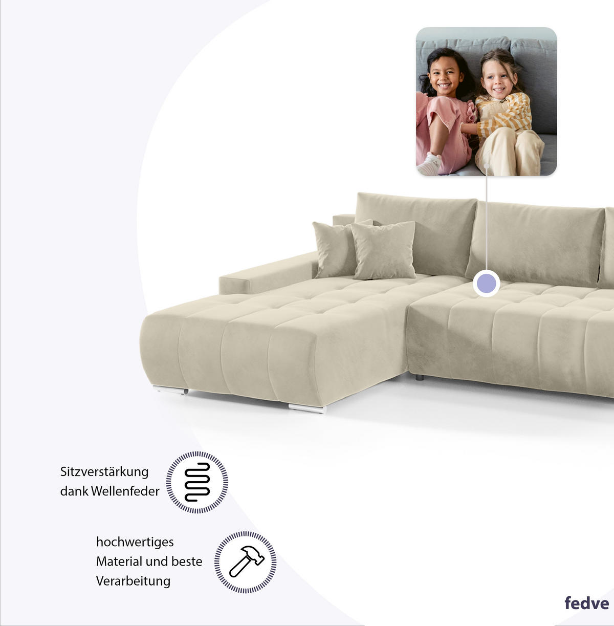 ECKSOFA mit Schlaffunktion Dhaka L, Vanille - Beige, Textil (185/265cm) - Fedve