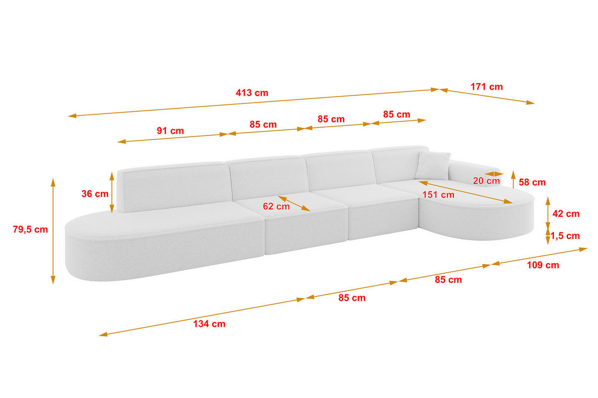 ECKSOFA Ottomane Rechts MARI-L3 - 413x171x79 cm Weiß Bouclé - Schwarz/Weiß, Holzwerkstoff/Kunststoff (171/413cm) - ALTDECOR