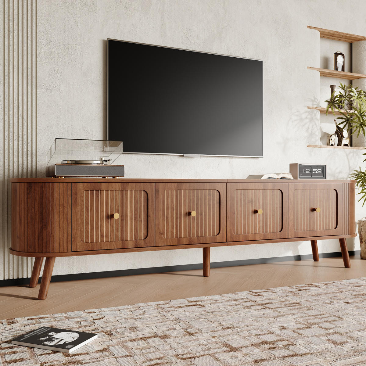 TV-LOWBOARD 180 x 38 x 47 cm, 4 Türen, goldene Griffe, Holzfüße, Walnuss - Walnussfarben, Holzwerkstoff (180/47/38cm)